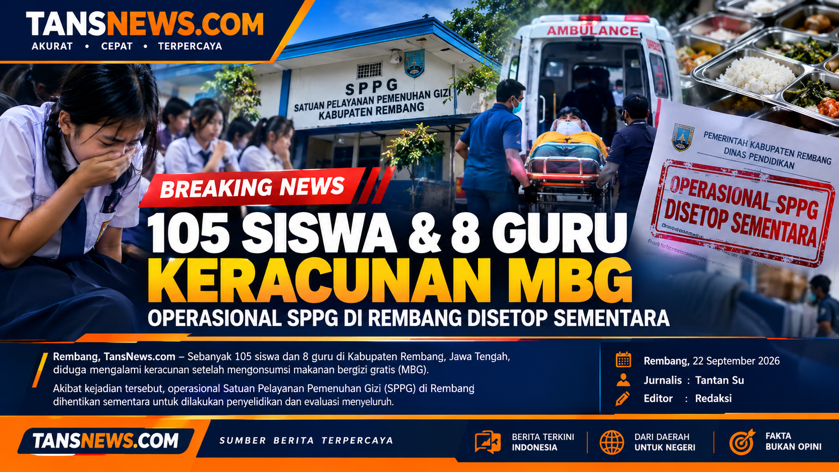 105 Siswa dan 8 Guru Diduga Keracunan MBG, Operasional SPPG di Rembang Disetop Sementara