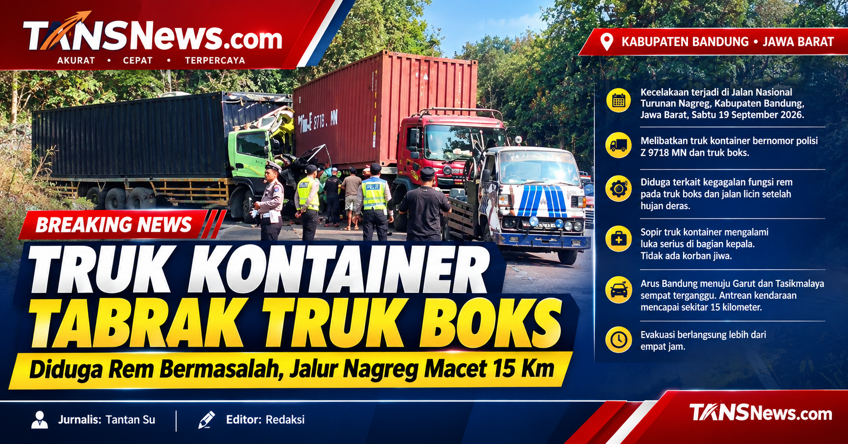 Truk Kontainer Tabrak Truk Boks di Turunan Nagreg, Jalur Bandung–Garut Macet hingga 15 Km