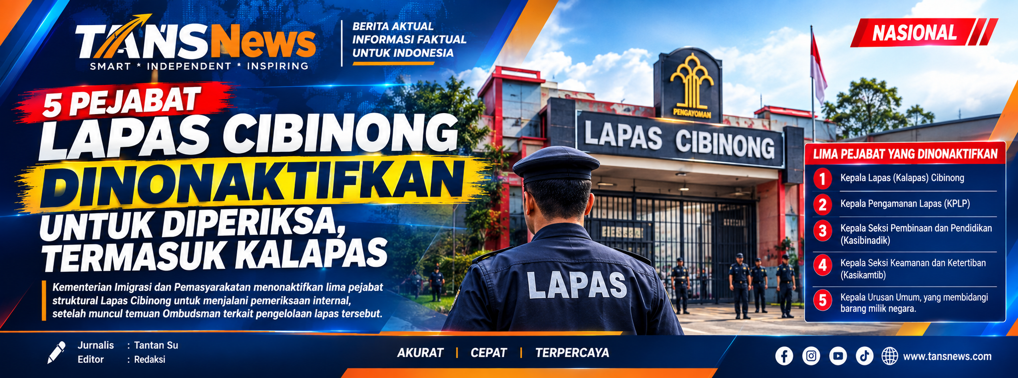 5 Pejabat Lapas Cibinong Dinonaktifkan untuk Diperiksa, Termasuk Kalapas